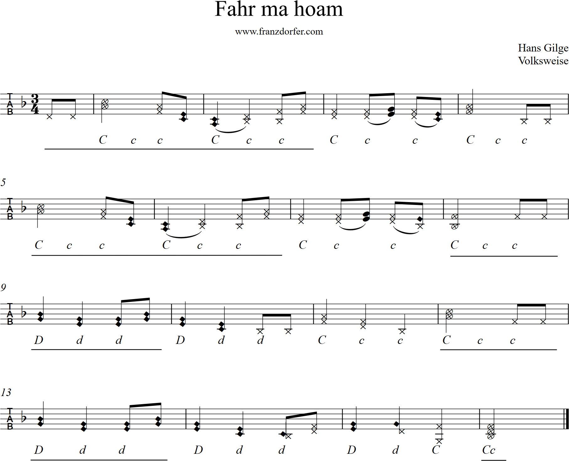 Ziachnoten, für Steirische Harmonika, Foa ma hoam Fahr ma hoam, griffschrift